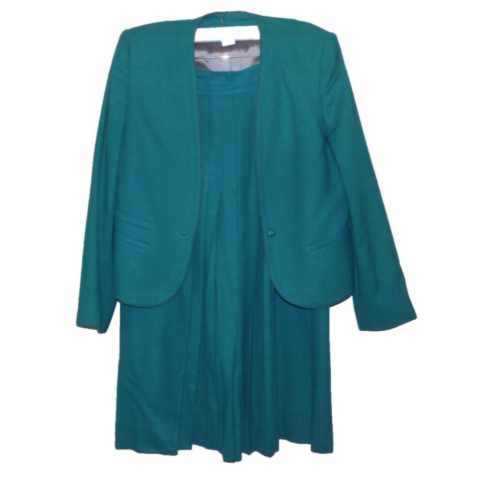 THE VILLAGER blue-ish green wool blazer & pleated skirt Women's Suit size 10/12